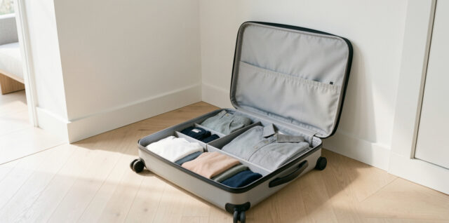 Valise ouverte contenant du linge soigneusement trié dans une entrée moderne, lumineuse et propre.