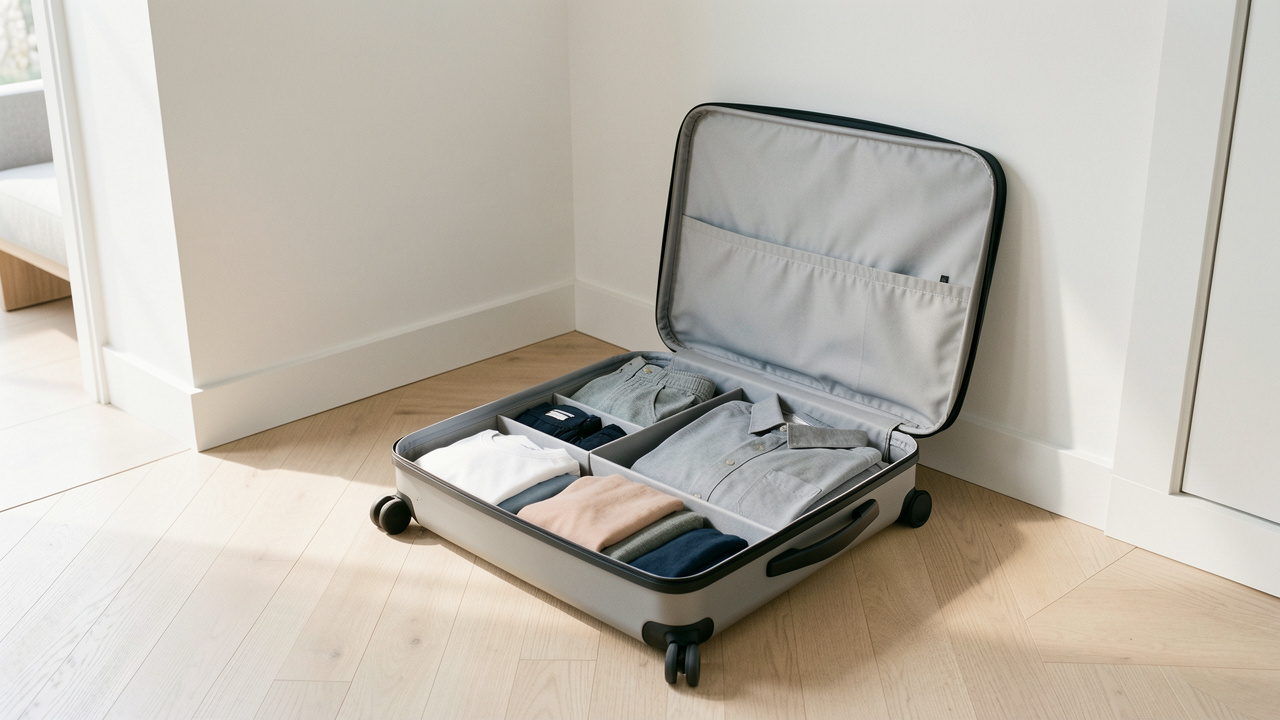 Valise ouverte contenant du linge soigneusement trié dans une entrée moderne, lumineuse et propre.