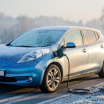 Pourquoi une voiture électrique perd-elle en autonomie en hiver ? Voiture électrique compacte stationnée devant une borne de recharge, avec du givre sur le pare-brise, par une matinée d’hiver lumineuse.