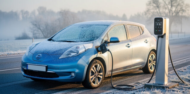 Voiture électrique compacte stationnée devant une borne de recharge, avec du givre sur le pare-brise, par une matinée d’hiver lumineuse.