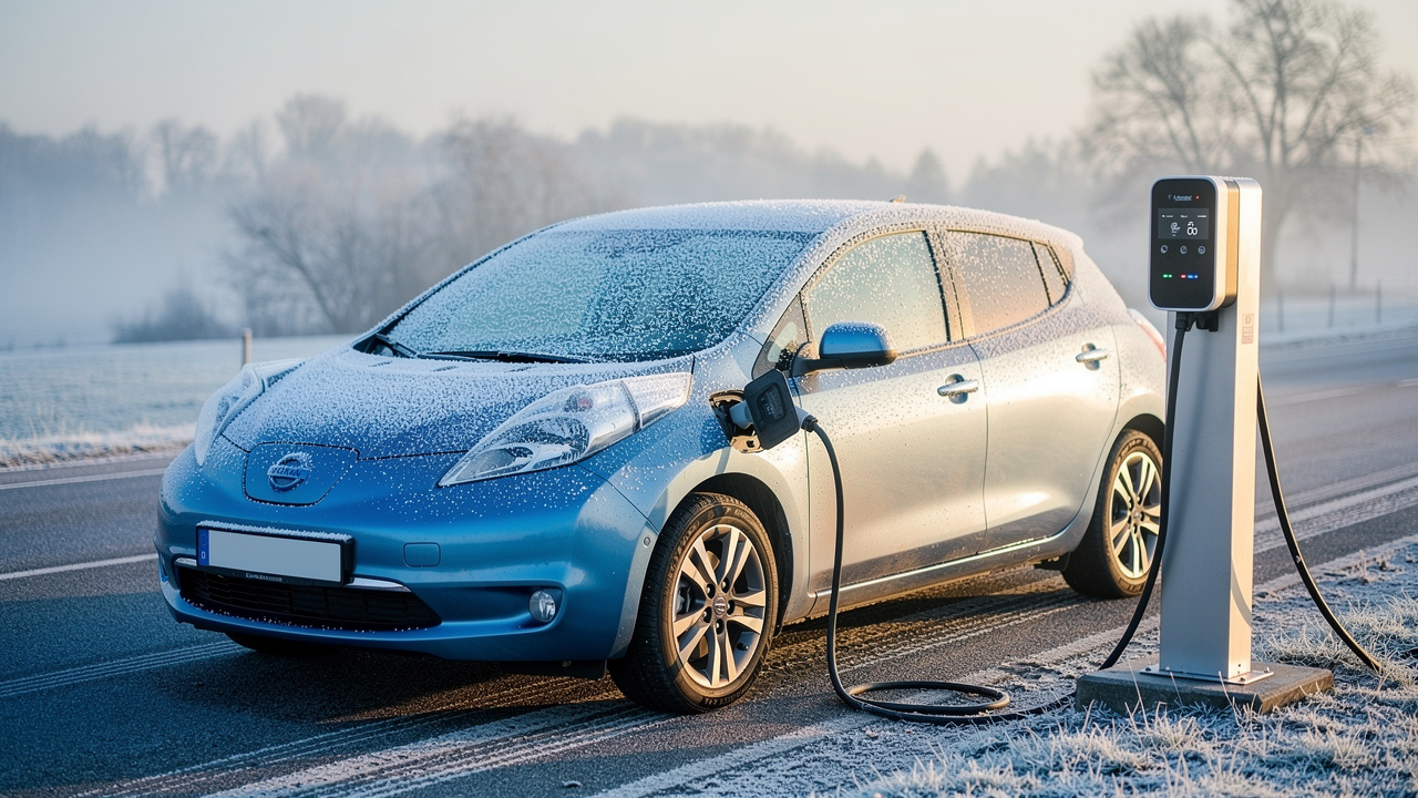 Voiture électrique compacte stationnée devant une borne de recharge, avec du givre sur le pare-brise, par une matinée d’hiver lumineuse.