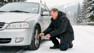 Un homme en veste d’hiver vérifie le pneu avant d’une voiture argentée stationnée sur une route enneigée, dans un paysage hivernal réaliste.