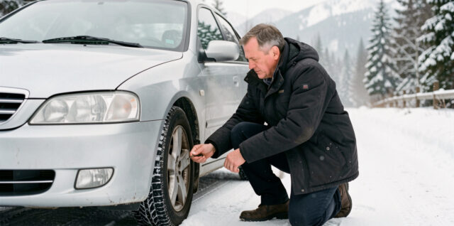 Un homme en veste d’hiver vérifie le pneu avant d’une voiture argentée stationnée sur une route enneigée, dans un paysage hivernal réaliste.