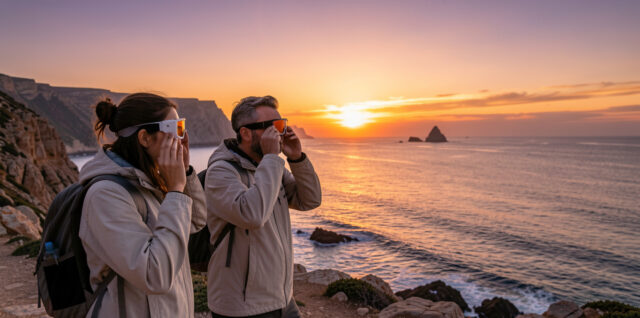 Deux femmes et un homme observent une éclipse solaire avec des lunettes de protection sur une côte espagnole au coucher du soleil.