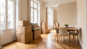 Appartement parisien lumineux en cours de déménagement, avec des cartons soigneusement rangés et du mobilier compact dans une ambiance organisée.