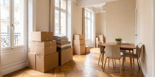 Appartement parisien lumineux en cours de déménagement, avec des cartons soigneusement rangés et du mobilier compact dans une ambiance organisée.