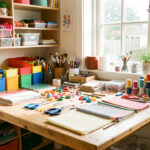 Atelier créatif lumineux à la maison avec établi organisé, rangements colorés, tissus, outils et fournitures variées soigneusement disposés.