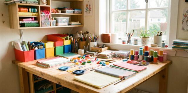 Atelier créatif lumineux à la maison avec établi organisé, rangements colorés, tissus, outils et fournitures variées soigneusement disposés.