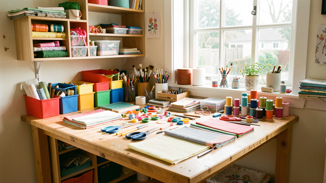 Atelier créatif lumineux à la maison avec établi organisé, rangements colorés, tissus, outils et fournitures variées soigneusement disposés.
