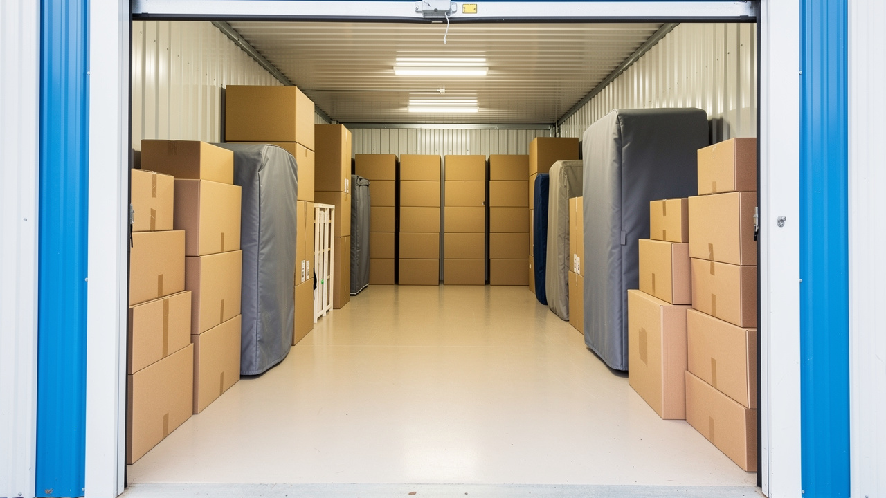Intérieur lumineux d’un box de stockage bien rangé, avec des meubles protégés, des cartons soigneusement empilés et une allée centrale dégagée.