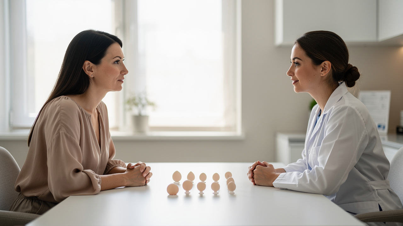 Une femme habillée échange avec une praticienne dans un cabinet de chirurgie esthétique lumineux, avec des échantillons de tailles d’implants disposés sur un bureau.