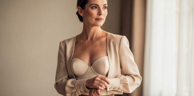 Femme adulte portant une tenue de mode à col carré, photographiée dans une lumière douce avec un style beauté naturel et éditorial.
