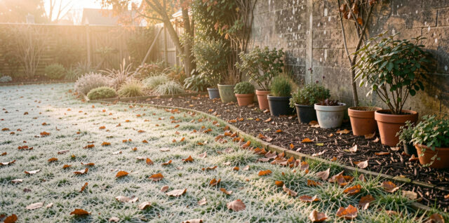 Jardin familial en automne au petit matin, avec une légère gelée sur la pelouse, des massifs paillés, des feuilles rousses et des plantes en pots regroupées contre un mur.