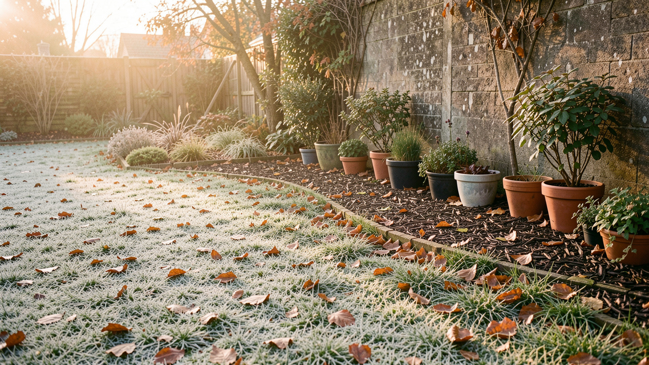 Jardin familial en automne au petit matin, avec une légère gelée sur la pelouse, des massifs paillés, des feuilles rousses et des plantes en pots regroupées contre un mur.