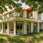 Comment intégrer le confort d’été à un audit énergétique maison ? Maison individuelle contemporaine en été, avec façades vitrées protégées par des brise-soleil et des volets extérieurs, entourée d’un jardin ombragé baigné de lumière naturelle.
