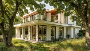 Maison individuelle contemporaine en été, avec façades vitrées protégées par des brise-soleil et des volets extérieurs, entourée d’un jardin ombragé baigné de lumière naturelle.