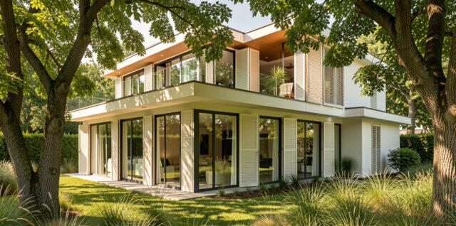 Maison individuelle contemporaine en été, avec façades vitrées protégées par des brise-soleil et des volets extérieurs, entourée d’un jardin ombragé baigné de lumière naturelle.