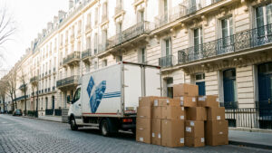 Camion de déménagement garé dans une rue parisienne, entouré de cartons empilés devant des immeubles haussmanniens baignés d’une lumière douce.