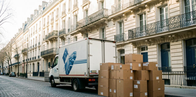 Camion de déménagement garé dans une rue parisienne, entouré de cartons empilés devant des immeubles haussmanniens baignés d’une lumière douce.
