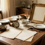 Table familiale en bois présentant des objets anciens variés, des documents vierges, de la vaisselle en porcelaine, une montre vintage et un cadre orné, baignés d’une lumière douce.