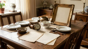 Table familiale en bois présentant des objets anciens variés, des documents vierges, de la vaisselle en porcelaine, une montre vintage et un cadre orné, baignés d’une lumière douce.