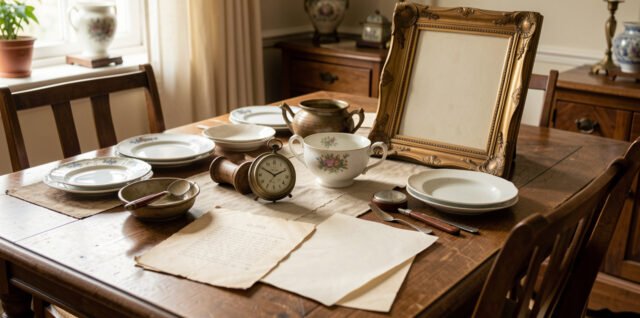 Table familiale en bois présentant des objets anciens variés, des documents vierges, de la vaisselle en porcelaine, une montre vintage et un cadre orné, baignés d’une lumière douce.