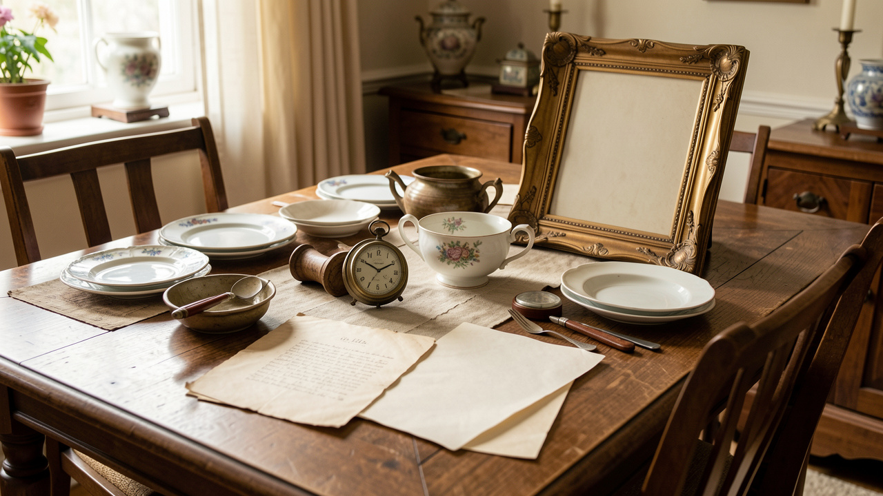 Table familiale en bois présentant des objets anciens variés, des documents vierges, de la vaisselle en porcelaine, une montre vintage et un cadre orné, baignés d’une lumière douce.