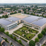 Quels projets solaires choisir pour la bifurcation écologique d’Arras ? Vue aérienne réaliste d’un groupe scolaire et d’un gymnase à Arras, avec des toitures couvertes de panneaux solaires dans un environnement urbain du Nord de la France, sous une lumière douce.