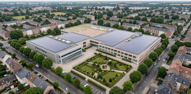 Vue aérienne réaliste d’un groupe scolaire et d’un gymnase à Arras, avec des toitures couvertes de panneaux solaires dans un environnement urbain du Nord de la France, sous une lumière douce.