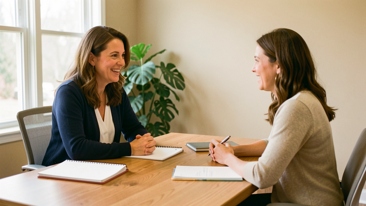 Une femme adulte en reconversion professionnelle échange avec une conseillère dans un bureau lumineux, chaleureux et accueillant.
