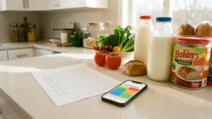 Cuisine lumineuse avec une feuille de courses vierge, un téléphone affichant une interface abstraite d’horaires et plusieurs produits alimentaires disposés sur un plan de travail.