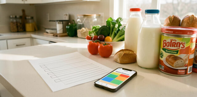 Cuisine lumineuse avec une feuille de courses vierge, un téléphone affichant une interface abstraite d’horaires et plusieurs produits alimentaires disposés sur un plan de travail.