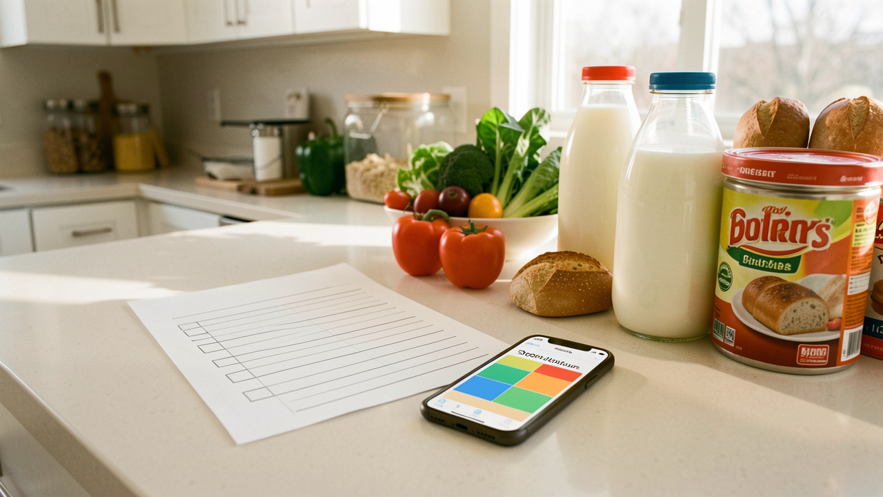 Cuisine lumineuse avec une feuille de courses vierge, un téléphone affichant une interface abstraite d’horaires et plusieurs produits alimentaires disposés sur un plan de travail.