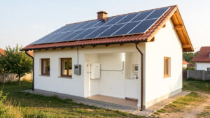 Maison individuelle bulgare équipée de panneaux photovoltaïques sur le toit et d’une batterie domestique murale dans un local technique lumineux.