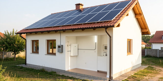 Maison individuelle bulgare équipée de panneaux photovoltaïques sur le toit et d’une batterie domestique murale dans un local technique lumineux.