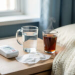 Comment faire semblant d’avoir de la fièvre sans se mettre en danger Thermomètre numérique, verre d’eau, tisane, mouchoirs et couverture douce disposés sur une table de chevet dans une chambre paisible.