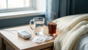Thermomètre numérique, verre d’eau, tisane, mouchoirs et couverture douce disposés sur une table de chevet dans une chambre paisible.