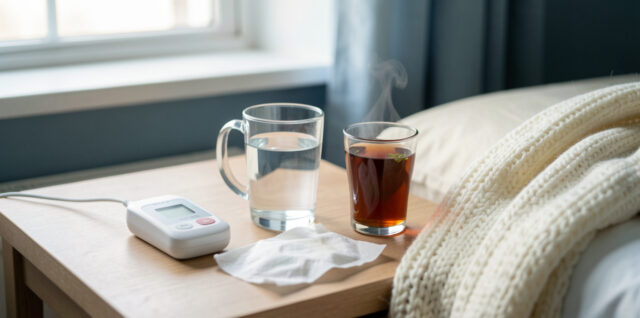 Thermomètre numérique, verre d’eau, tisane, mouchoirs et couverture douce disposés sur une table de chevet dans une chambre paisible.