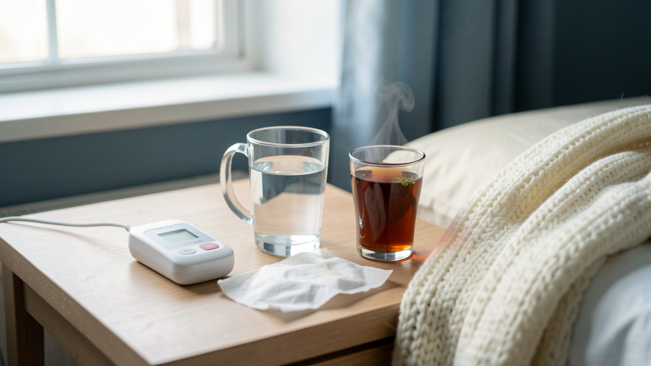 Thermomètre numérique, verre d’eau, tisane, mouchoirs et couverture douce disposés sur une table de chevet dans une chambre paisible.