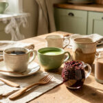 Comment choisir un substitut au café selon la caféine et ses effets santé ? Table de petit-déjeuner lumineuse présentant du café, de la chicorée, du thé matcha, du rooibos et du maté dans une ambiance chic et naturelle.