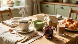 Table de petit-déjeuner lumineuse présentant du café, de la chicorée, du thé matcha, du rooibos et du maté dans une ambiance chic et naturelle.