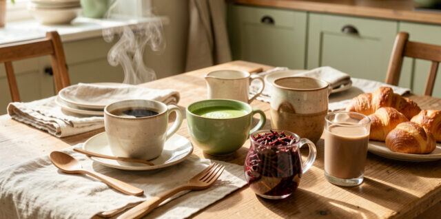 Table de petit-déjeuner lumineuse présentant du café, de la chicorée, du thé matcha, du rooibos et du maté dans une ambiance chic et naturelle.